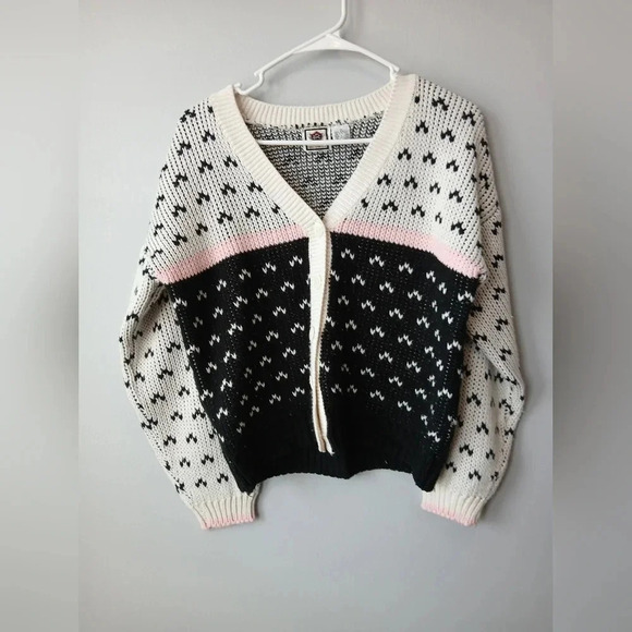 Vintage Paris Sports Club button down cardigan sweater black white pink Small - Picture 1 of 8